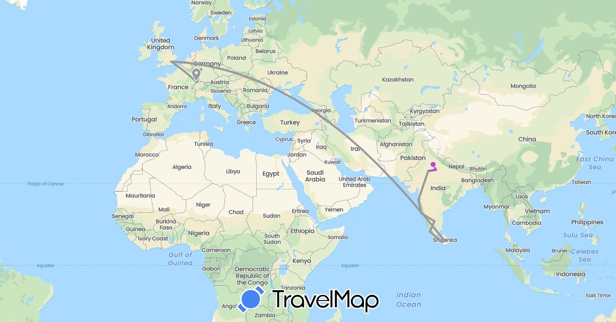 TravelMap itinerary: plane, train in Germany, France, United Kingdom, India, Sri Lanka (Asia, Europe)